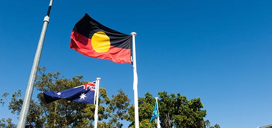 The Australian flag and Aboriginal flag fly against a background of blue sky and treetops outside Buderim Private Hospital on the Sunshine Coast.