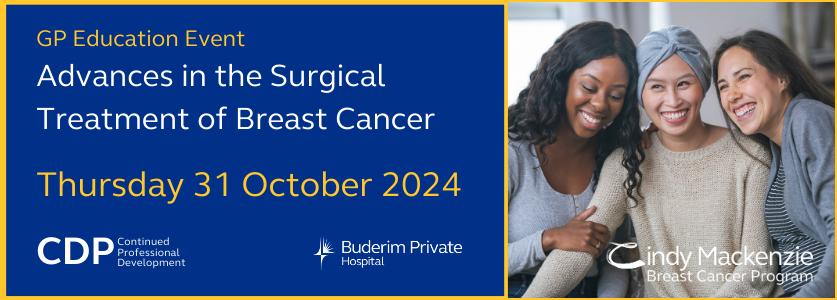 A blue banner with a picture of three smiling women and the test: Advances in the Surgical Treatment of Breast Cancer