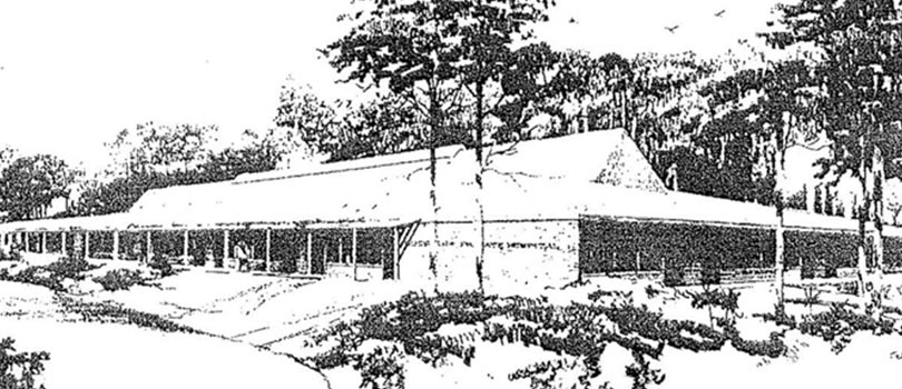 A black and white historical photograph of the original Buderim Private Hospital building when it opened in 1980, with wide verandas and rainforest surrounds.
