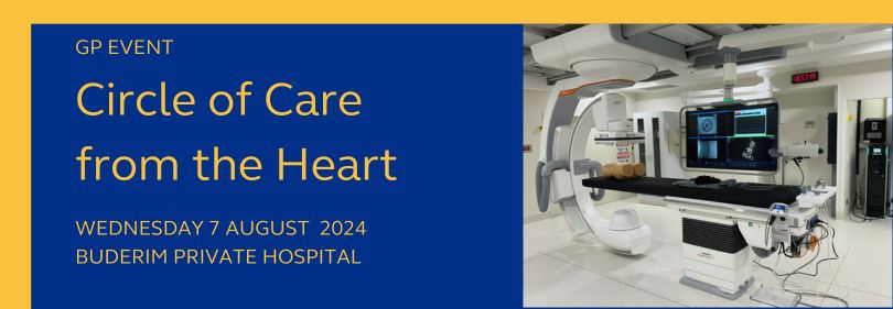 An image of a cath lab on a blue banner with yellow writing explaining the details of the Circle of Care event