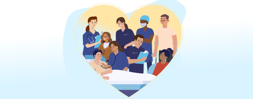 An animated picture of a surgical services team within a heart.